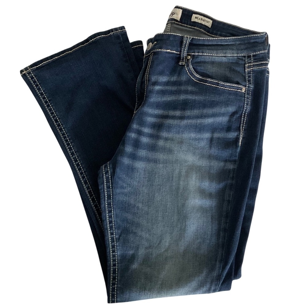 Daytrip Mila Bootcut Jeans Womens 34R Dark Wash Flap Pocket Thick Stitch Denim